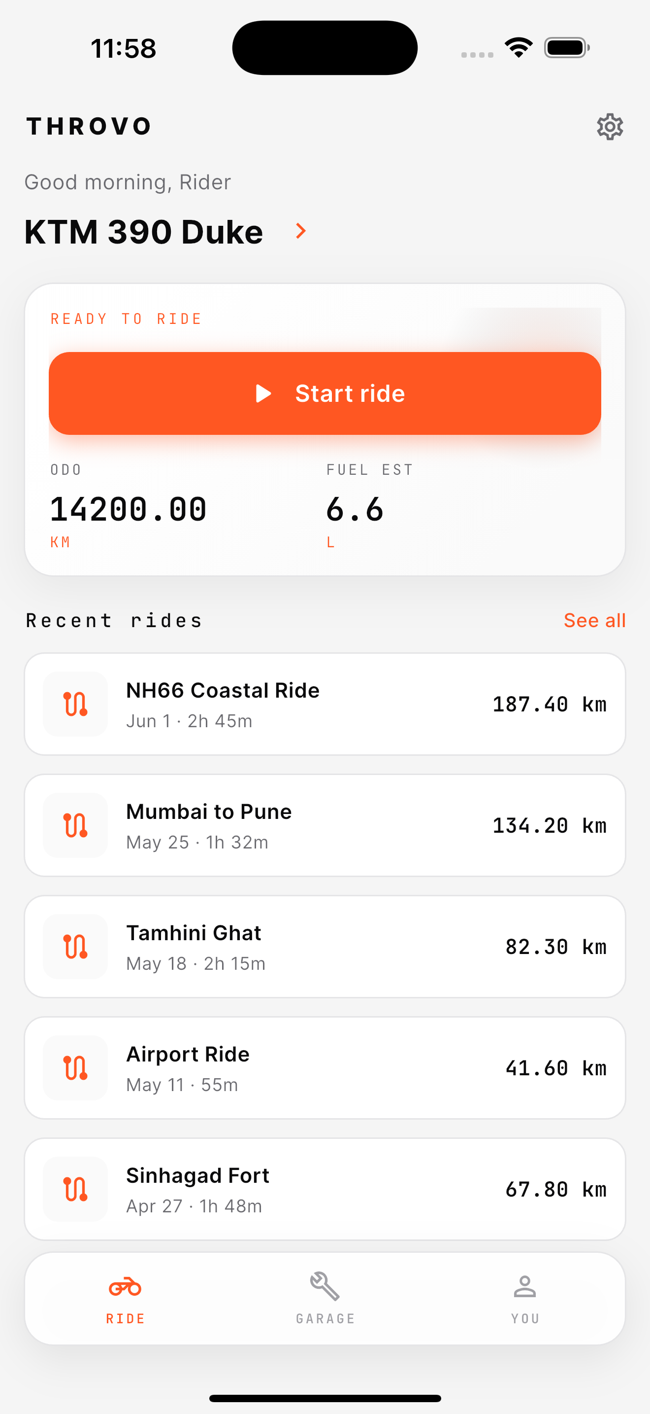 Throvo ride logbook
